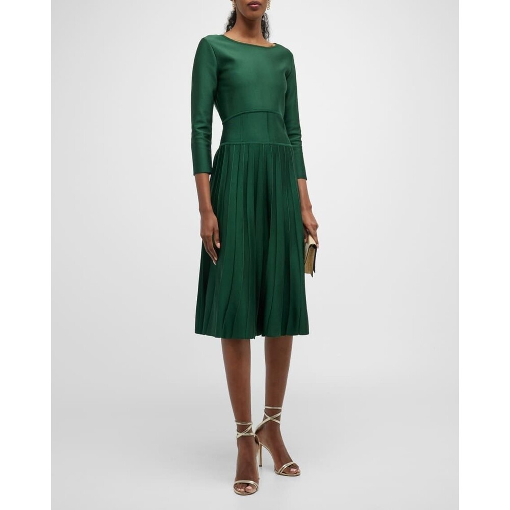$2390 Carolina Herrera Corset-Waist Pleated Midi Dress Size: L - Picture 6 of 13